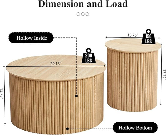 Fluted Round Nesting Coffee Table Set of 2, Mid Century Modern Wood Coffee Tables and End Table Set, Circle Side Table Minimalist Center Tables for Living Room, Office(Natural)