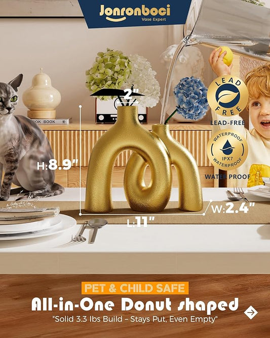 Hug Donut Decorative Vase Set - Golden Modern Classic Transitional Style Vases Home Decor, Matte Ceramic Decorations for Living Room Shelf, Bookshelf Mantle Entryway Table or Console Décor (Gold)