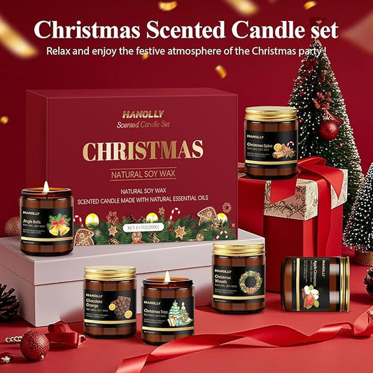 Christmas Scented Candles Set, 6 Pack Winter Scented Candles for Home, Holiday Gifts for Women & Men, Soy Candles Scents of Christmas Tree, Spice, Wreath, Apple Cinnamon, Chocolate Orange, Jingle Bell