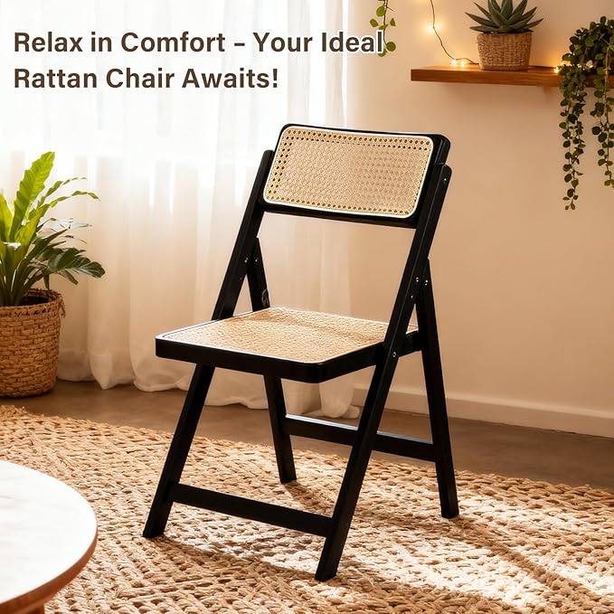 Rattan Folding Chairs, Modern Mid Century Dining Chairs Set of 2, Outdoor Bamboo Chairs for Bedroom Living Room Reading Room Dining Kitchen, Black