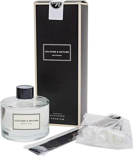 CULTURE & NATURE Reed Diffuser Set 6.7oz (200ml) Musky Sage Scented Diffuser with Sticks Home Fragrance Reed Diffuser for Bathroom Shelf Decor