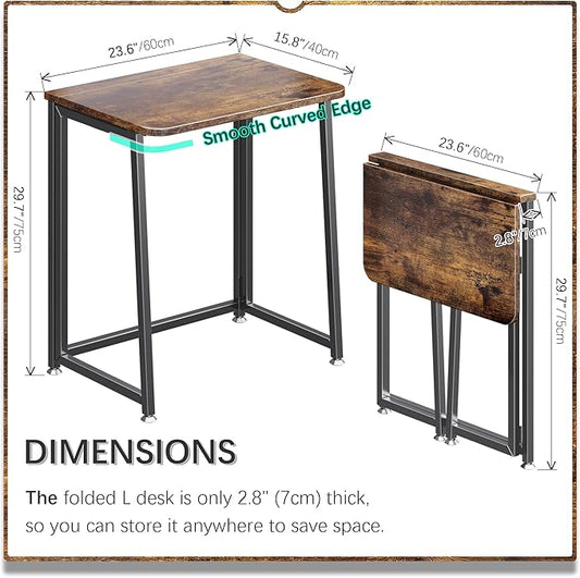 4NM 23.6" Mobile Small Folding Desk, Foldable Rolling Computer Home Office Desk, Study Writing Table for Small Space Saving Bedroom, with Wheels - Rustic Brown and Black