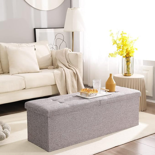Cuyoca 45.3 Inches Foldable Seat Footrest Shoe Bench End of Bed Storage with Flipping Lid, 166L Upholstered Tufted Bench, Linen Fabric Grey