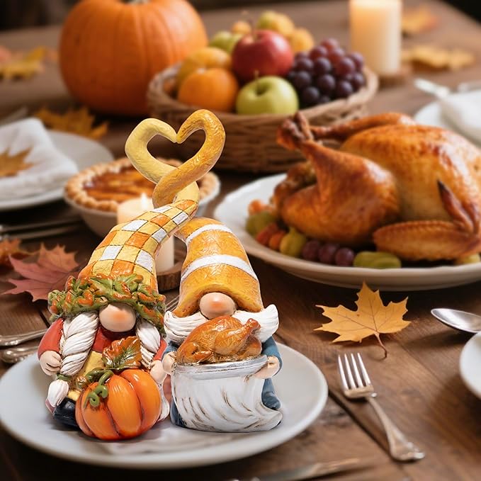 Hodao Thanksgiving Decorations for Table, Resin Fall Thanksgiving Gnome Figurines with Turkey, Pumpkin & Heart, Festive Gift for Autumn Home Decor - 2 Pcs