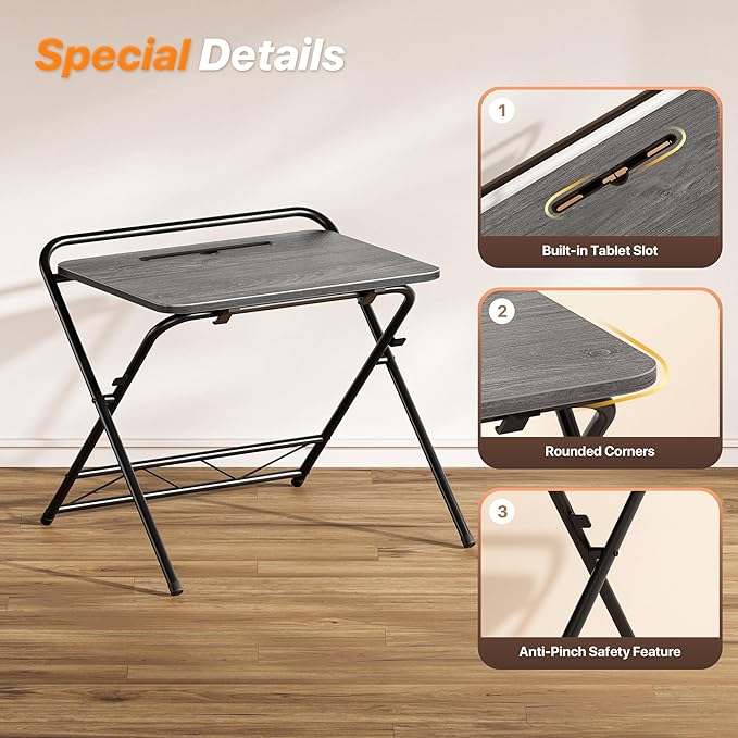 Huuger Folding Desk with 3-Level Adjustable Height and Tablet Slot, 24 Inch Foldable Computer Desk for Small Spaces, Space Saving, Writing Work Table for Home Office, Bedroom, Study, Grey