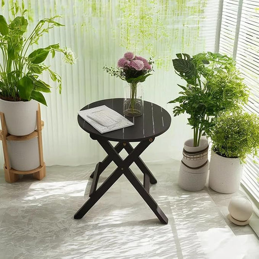 Outdoor Small Round Folding Side Tables, Foldable Wooden End Table for Indoor, Porch, Patio, Camping as Coffee Table or Plant Stand, Black 