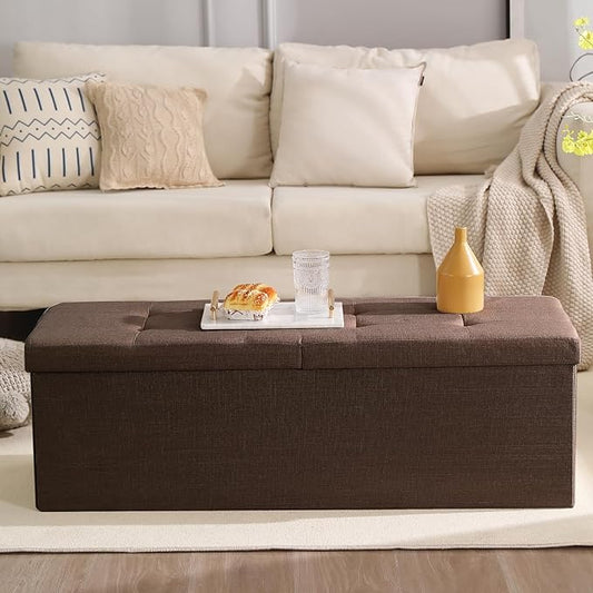 CUYOCA 45.3 Inches Storage Ottoman Bench Foldable Seat Footrest Shoe Bench End of Bed Storage with Flipping Lid, 166L Storage Space, Linen Fabric Brown