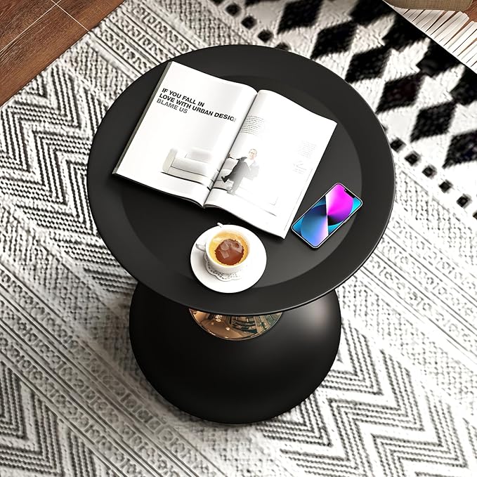 Metal Round End Table,Modern Pedestal Table,Corner Drink Tables,Accent Side Table Nightstand for Living Room,Patio and bar (Matte Black)