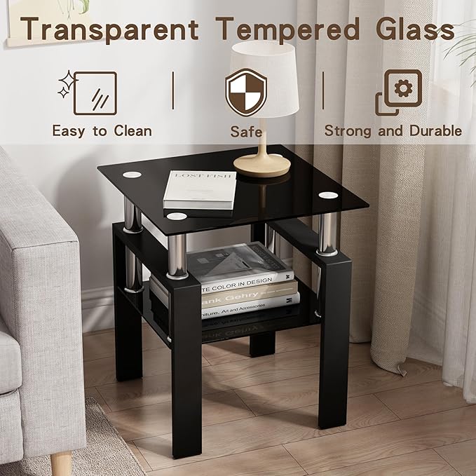 Glass Side Table 2-Tier Modern Glass Top Corner Table Living Room Side Table with Metal Leg for Living Room, Dining Room, Bedroom (2, Black)