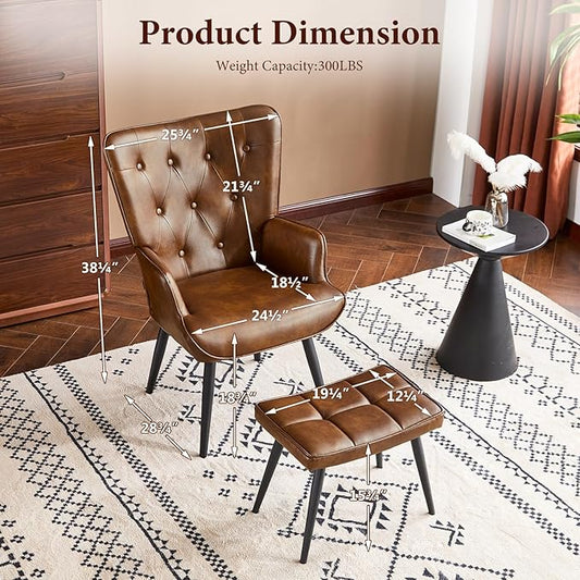 Furniliving PU Leather Accent Chair with Ottoman, Upholstered Reading Chair with High Backrest, Tufted-Button Wingback Armchair for Bedroom, Dressing Room, Home Office, Brown