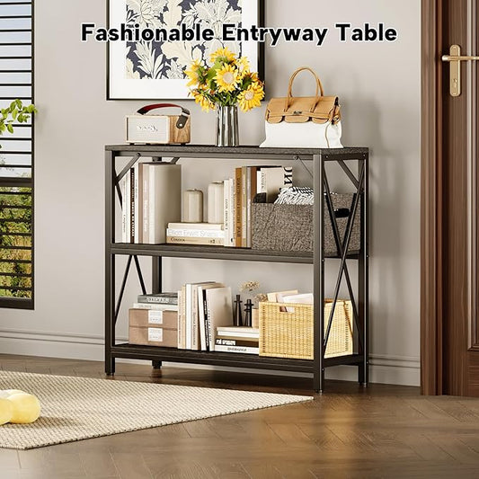 Homeiju Console Table 31.5" Width, 3-Tier Entryway Table with Storage, Industrial Sofa Table with Open Shelves, Foyer Tables for Entryway, Hallway, Kitchen, Living Room and Bedroom, Black