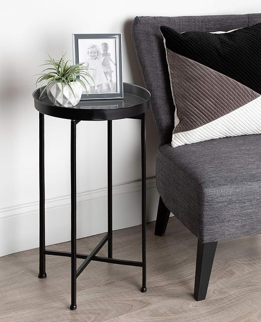 Kate and Laurel Celia Round Foldable Tray Accent Table, 14" x 14" x 25.75", Gray and Black, Modern Minimalist Design and Magnetic Tabletop