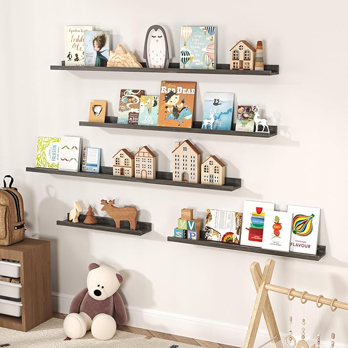 Floating Shelves for Wall, Picture Ledge Shelf 24 Inch Solid Wood Set of 2, Rustic Wall Shelves with Lip, Kids Bookshelf, Photo & Picture Live Edge Floating Shelves for Bedroom, Living Room, Kitchen