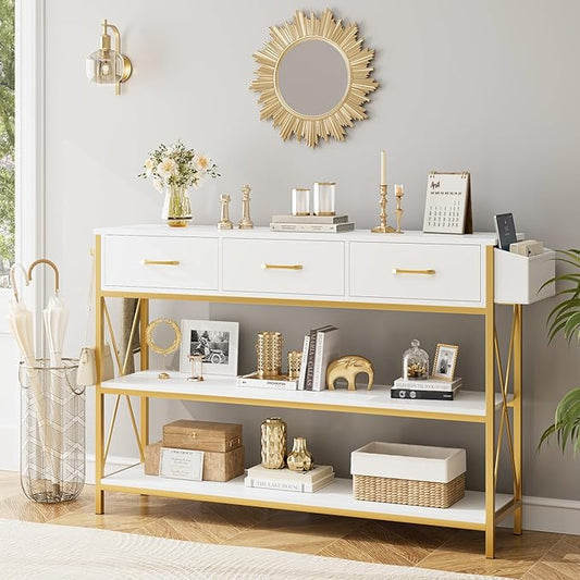 HITHOS 47.2" Console Table with 3 Drawers, Narrow Long Entryway Table with 3-Tier Storage Shelves, Industrial Sofa Foyer Table for Living Room, Hallway, Entry Way, Foyer, Kitchen, White/Gold