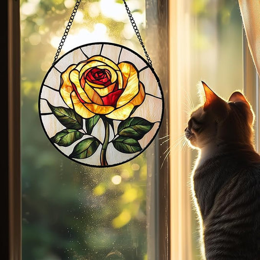 Stained Glass Window Hanging - Elegant Yellow Rose Flower Sun Catcher for Door Garden Home Decor Suncatcher Christmas Mother's Day Birthday Gifts for Women Mom Girl Nana Friend 11.8 in