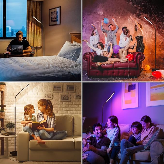 Dimunt LED Floor Lamp, 15W Super Bright RGB Corner Lamp, 3000K-6500K 4 Color Temps Dimmable Floor Lamp, Remote & Touch Control, 1 Hour Timer, Adjustable Gooseneck Standing Lamp for Living Room Home