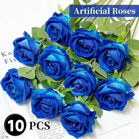 10 PCS Artificial Roses with Long Stems Silk Flowers Realistic Foam Flowers Fake Roses for Valentine's Day Home Wedding Halloween Decor(Blue)