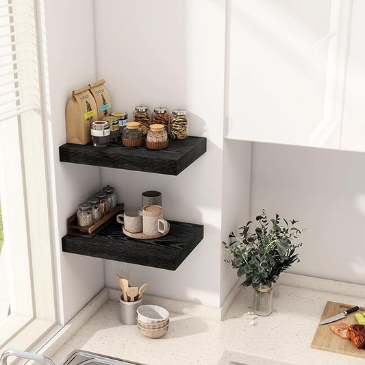 12 Inch Deep Black Floating Shelves, 16 x 12 Floating Shelf for Books, Rustic Wood Deep Wall Shelves for Home Storage & Display, 2" Thicked Shelves for Kitchen, Living Room, Bedroom, 2 Pack