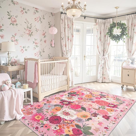 Pink Area Rug 4x6 Rug Washable Boho Rugs Non Slip Low Pile Floral Small Carpet for Bedroom, Bedside, Kids Room, Office, Dining Room(4 x 6, Pink Garden)