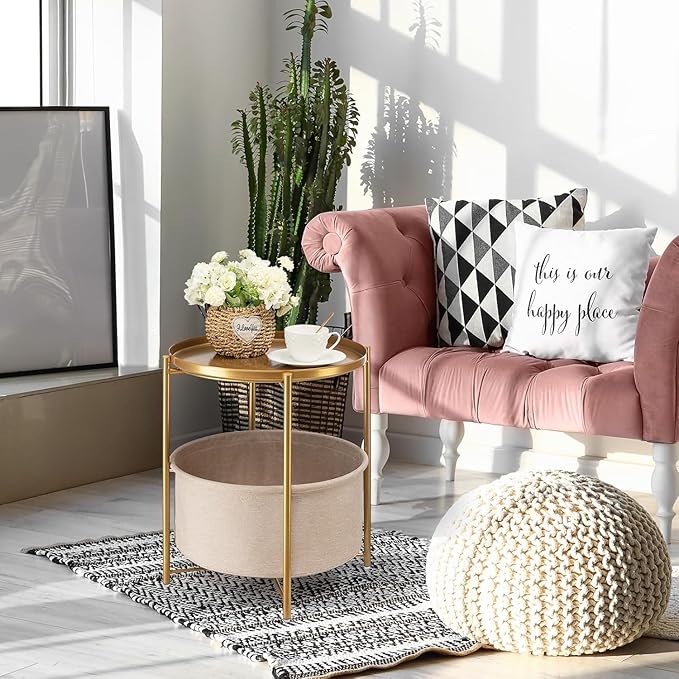 danpinera Round Side Table with Fabric Storage Basket, Metal Side Small Bedside Table Nightstand with Removable Tray Top for Living Room, Bedroom, Nursery, Laundry, Gold