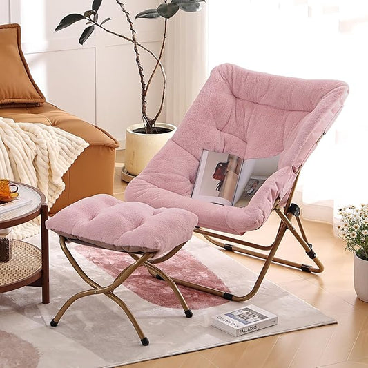 Comfy Folded Chair with Ottoman, Oversized Folding Faux Fur Chair Soft Furry Lounge Lazy Chair with Metal Frame Moon Chair Accent Chair for Bedroom, Living Room, Dorm Rooms