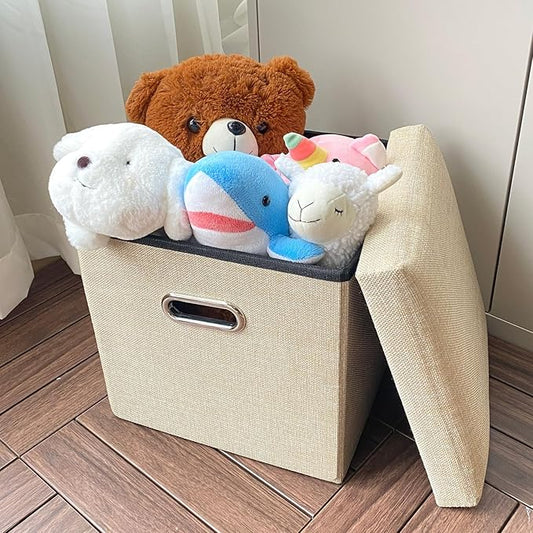 12 Inches Folding Ottoman with Storage Linen Fabric Foot Stool Storage Thick Sponge Padded Seat Ottoman for Bedroom Living Room(Beige)