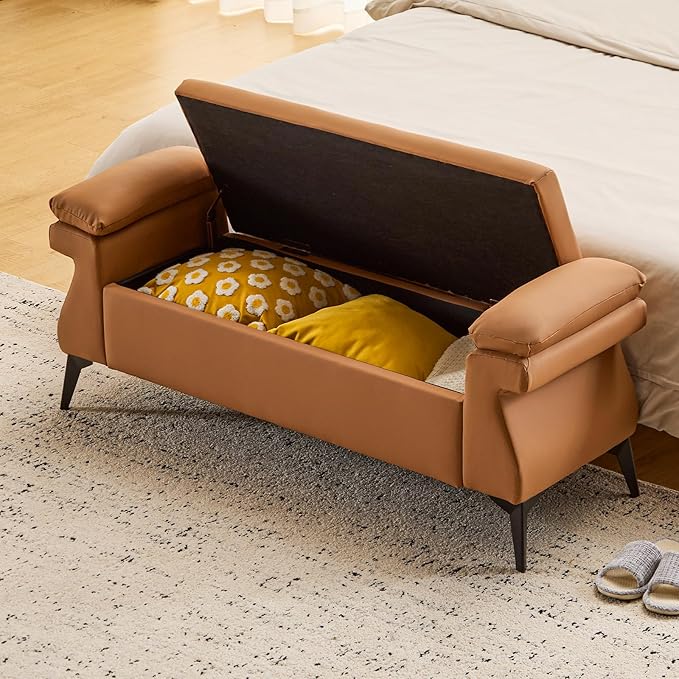 Furniliving 51” Storage Bench, End of Bed Bench with Armrest Cushion Large Upholstered Storage Ottoman Leather Window Bench with Storage Shoe Cabinet Bench, for Bedroom, Entryway, Brown