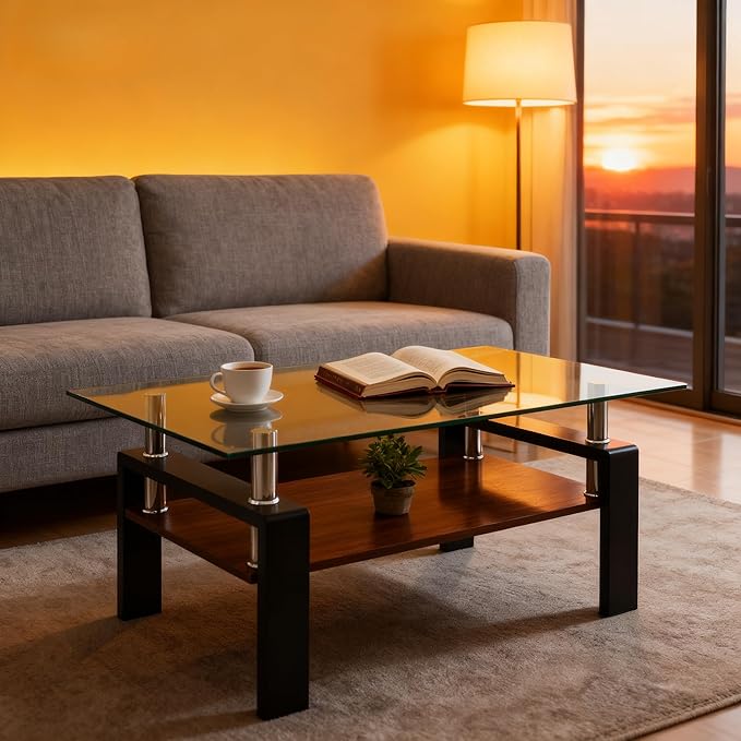 Coffee Table for Living Room, Modern Rectangle Tempered Glass Center Table with MDF Storage Shelf, 220lbs Load-Bearing for Small Space, Apartment, Office (Transparent + Black + Tempered Glass)