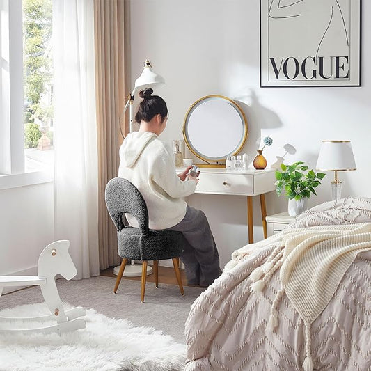 Vanity Stool with Storage and Backrest, Folding Back & Velvet Seat, Footrest, Round Ottoman with Sherpa, Vanity Chair with Storage, Ideal for Bedroom, Living Room, and Makeup Stations