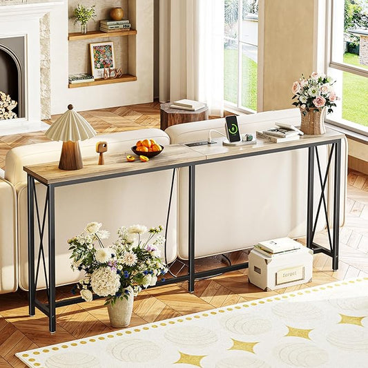 SUPERJARE 70 Inch Console Table with Outlets and USB-C Port, Extra Long Behind Couch Sofa Table with X-Shaped Design, Narrow for Entryway, Living Room, Metal Frame, Wooden Top, Grey Oak