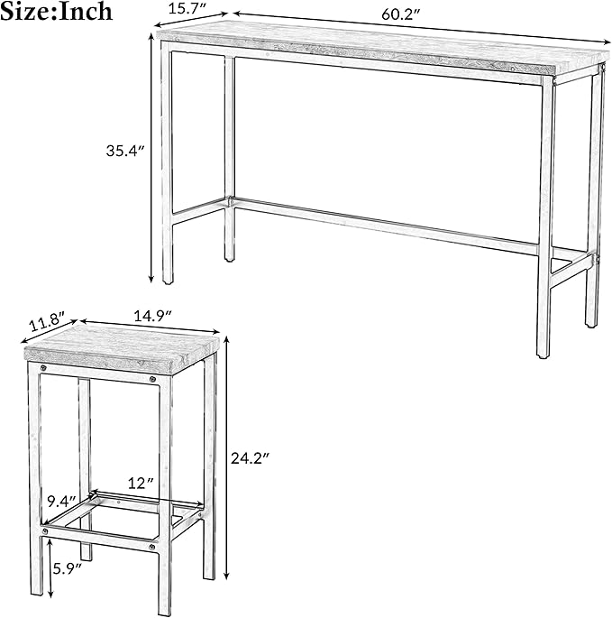 Merax 4-Piece Counter Height Extra Long Dining Table Set with 3 Stools and Side Table with Footrest Pub Kitchen Set,Grey