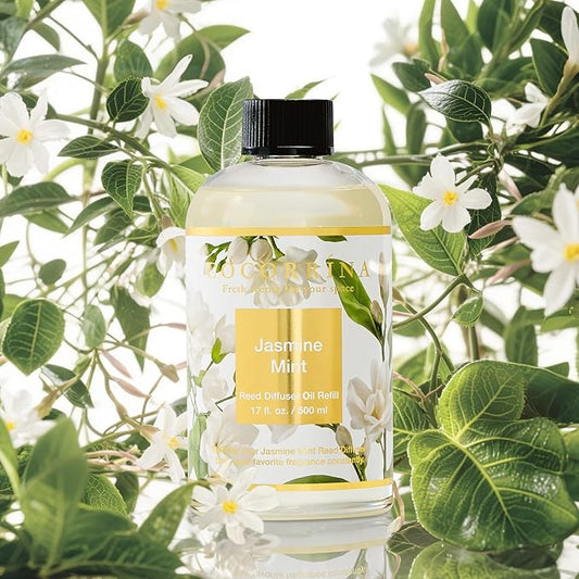 Cocorrína Reed Diffuser Refill Jasmine&Mint 17oz (500ml) with 8 Sticks - Premium Long-Lasting Scented Oil, Home Fragrance for Bedroom, Bathroom Home Decor
