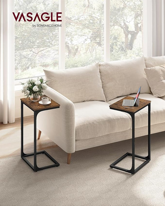 VASAGLE C-Shaped End Table, Set of 2, Side Table for Sofa, Couch Table with Metal Frame, Small TV Tray Table for Living Room, Bedroom, Rustic Brown and Black