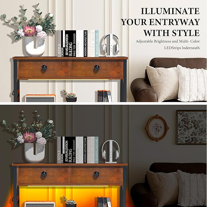 32" Narrow Console/Entryway Table with Storage & 3 Drawers & Outlets, for Sofa & Living Room, Hallway/Foyer/Couch/TV/ Aquarium Stand Table for Entryway with USB Ports, LED Light Strip,Perfect for Home