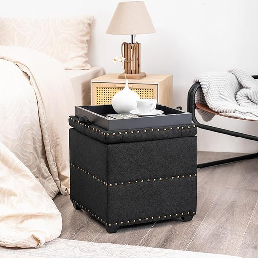 Adeco 18" Black Square Storage Ottoman with Tray, Small Cube Ottoman Coffee Table with Decorative Fashion Paris Nails, Dorm Room, Bedroom, or Living Room