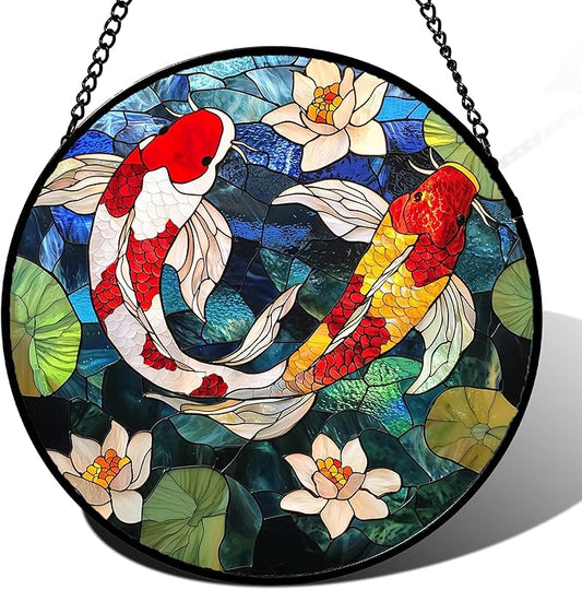 Stained Glass Window Hanging, Koi and Lotus Sun Catcher for Door Home Decor Fish Suncatcher Christmas Mother's Day Birthday Gifts for Women Men Mom and Nana 11.8 in