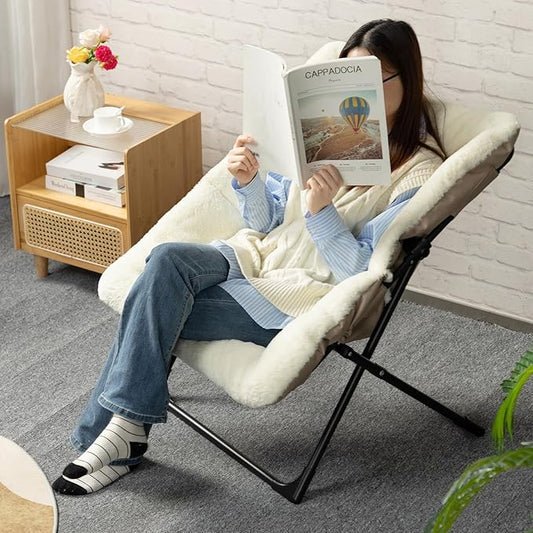 HollyHOME X-Large Saucer Chair, Comfy Oversized Folding Chair, Faux-Fur Reading Chair for Teens, Adults, Foldable Accent Lazy Chair, Metal Frame Lounge Chair for Living Room, Bedroom, Dorm, Beige