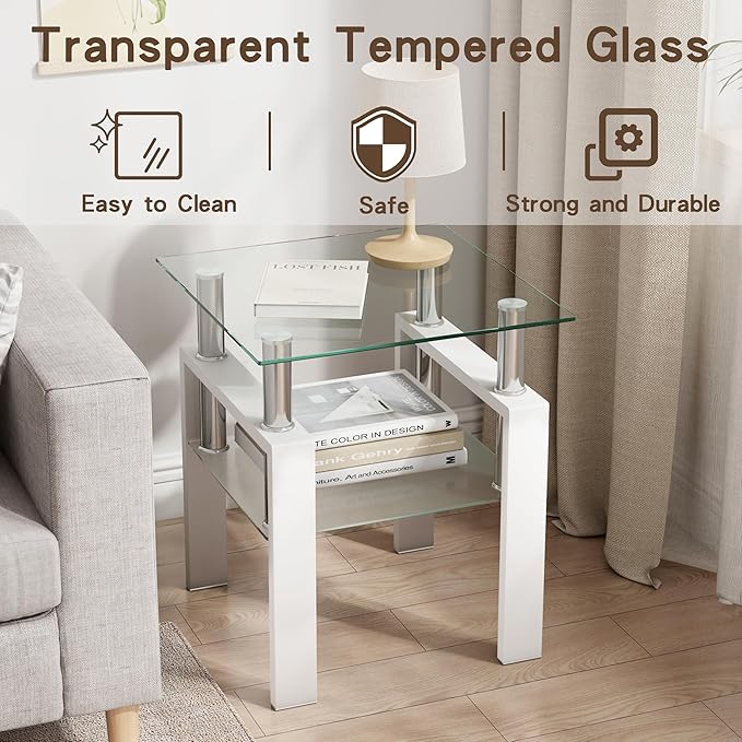 Glass Side Table 2-Tier Modern Glass Top Corner Table Living Room Side Table with Metal Leg for Living Room, Dining Room, Bedroom (2, White)