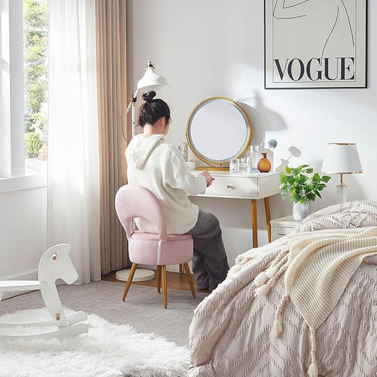 Vanity Stool with Storage and Backrest, Folding Back & Velvet Seat, Footrest, Round Ottoman with Sherpa, Vanity Chair with Storage, Ideal for Bedroom, Living Room, and Makeup Stations