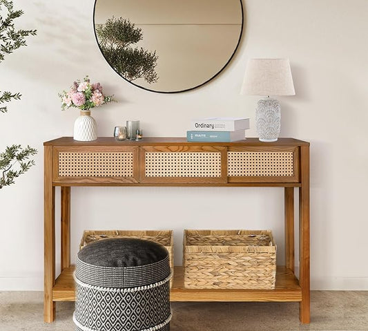 ZYBT Long Console Table, Rattan Entry Table, Console Tables for Entryway, Narrow Wood Console Table with Storage, Rustic Couch Table Hallway Table Brown Boho Sofa Table for Living Room