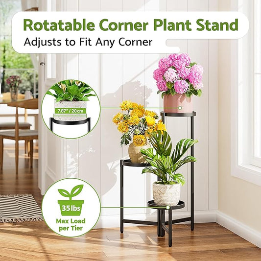 3 Tier Large Plant Stand Indoor with 10 Inch Wide Tray, Tiered Corner Metal Outdoor Flower Holder Stand, Folding Tall Rack for Display Shelf for Patio Porch Balcony - BlackDisk
