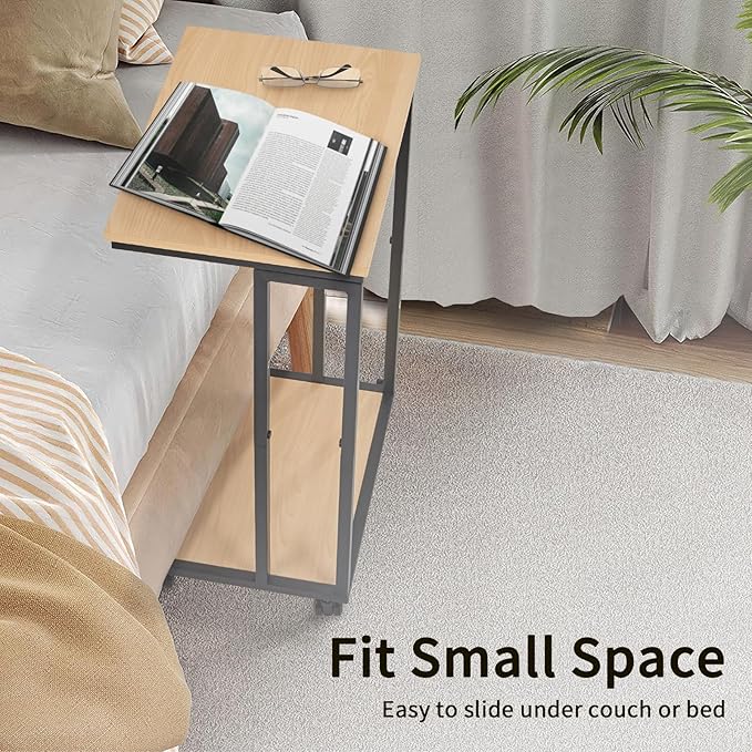 C-Shaped End Table for Couch, Slide Under Sofa Snack Table, Small TV Tray, C Table with Wheels, Laptop Desk for Living Room, Bedroom, Small Spaces,White Maple