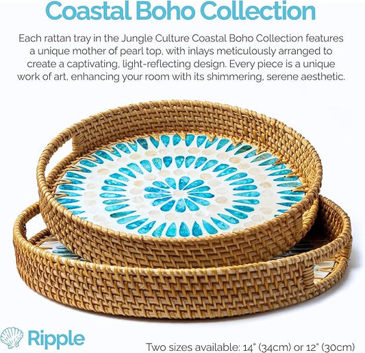 JUNGLE CULTURE Rattan Serving Tray 12" with Mother of Pearl Inlay • Coastal Boho Collection • Handcrafted Woven with Handles for Home • Round Dining Table Tray • Wicker Serving Basket – Ripple