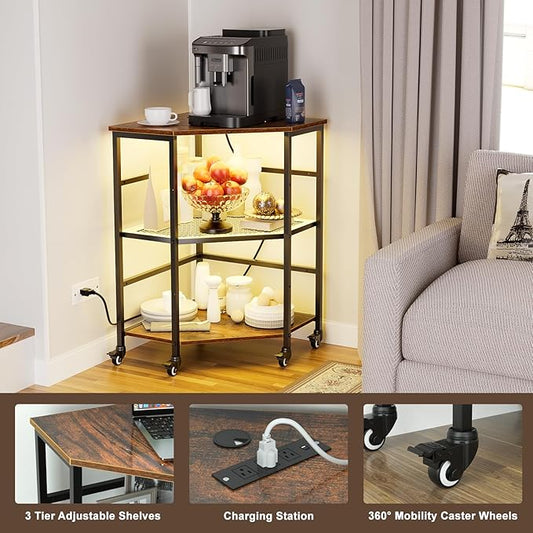 HAIOOU Corner Printer Stand Table with Power Outlet Charging Plugs USB Port & LED Lights, 3-Tier Corner Table with Wheel, Metal Frame Adjustable Storage Shelf for Home Office Kitchen