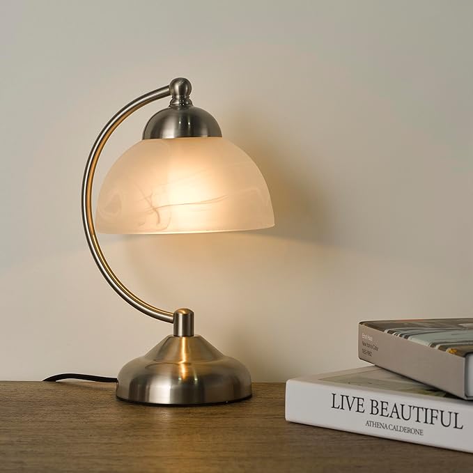 Small Modern Touch Glass Bedside Table Lamp, 7 x 7 x 10 Inch Brushed Nickel Metalwork Base Table Lamp for Bedrooms and Office (White Frosted Glass Shade)