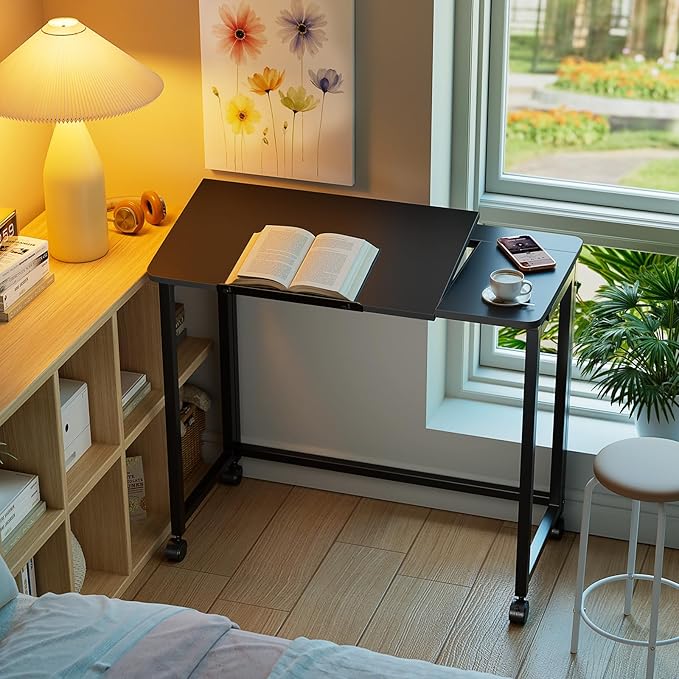 GreenForest Folding Desk with Adjustable Tiltable Desktop 0-90°, 31.5 inch Small Desk with Wheels, Rolling Drafting Table for Laptop, Reading, Writing, Drawing, Work, Black