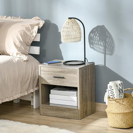 HOMCOM Modern Side Table, Accent Table with Drawer and Storage Shelf, End Table for Living Room, Gray Wood Grain