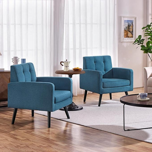 Yaheetech Mid-Century Accent Chairs, Modern Upholstered Living Room Chair, Cozy Armchair Button Tufted Back and Wood Legs for Bedroom/Office/Cafe, Set of 2, Navy Blue