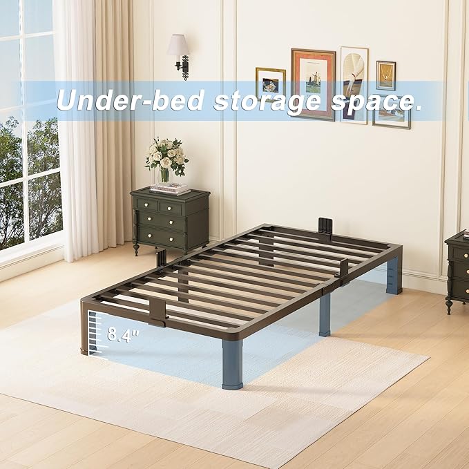 10 inch Twin Bed Frame with Rounded Corner Legs and Headboard Hole Mattress Slide Stopper Low Profile Heavy Duty Support Metal Platform,No Box Spring Needed,Noise Free,Easy Assembly