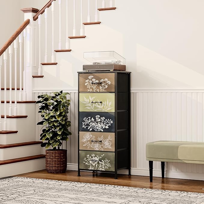 Tohomeor Vintage Dresser Vertical Nightstand with Neutral Botanical Plant Fabric Chest Drawers for Closet Bathroom Storage Tower Unit Bed Side Organizer Farmhouse Rustic (Multi, 5 Drawers)